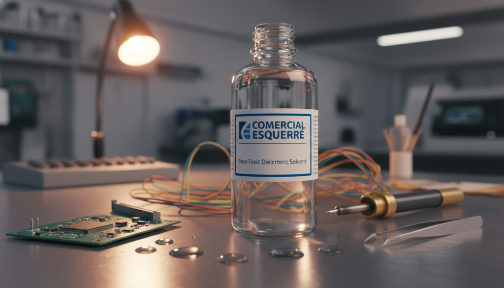 A close-up view of a clear, non-toxic dielectric solvent bottle labeled "Comercial Esquerré," resting on a clean, metallic surface, surrounded by electronic components like circuit boards and intricate wiring. The background features a softly blurred workshop setting, bathed in warm, ambient lighting to create a professional yet inviting atmosphere. In the foreground, droplets of the solvent glisten on the surface, emphasizing its purity and effectiveness. The camera angle is slightly tilted, capturing the depth of field with a focus on the solvent while maintaining a subtle view of the critical cleaning tools in the midsection, highlighting their functionality. The overall mood conveys precision, cleanliness, and a focus on technical excellence in maintaining electrical boards.