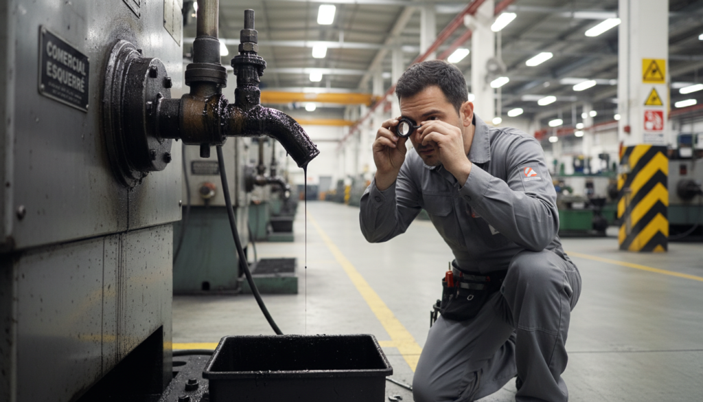 A close-up view of a factory floor with a focus on dripping oil from machinery, emphasizing the source of the leak. In the foreground, a shiny metallic machine with clear signs of oil accumulation, highlighting the specific leak points. In the middle ground, a mechanic in professional attire, equipped with tools, examining the machine closely with a magnifying glass to identify the origin of the oil drip. The background features a well-lit industrial environment, showcasing other machinery and safety signs. Soft, natural lighting filters through overhead lights, creating a clear and focused atmosphere on the inspection work. The brand name "Comercial Esquerré" is subtly integrated into the machinery design, enhancing the professional feel without distracting from the main subject.