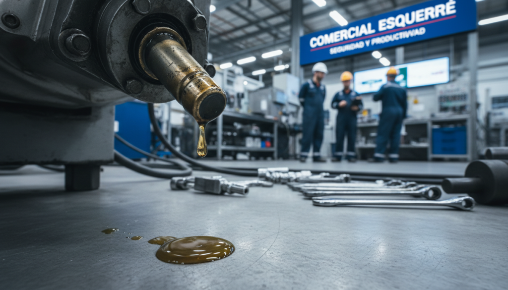 A close-up view of an industrial plant floor, showcasing an oil drip on clean concrete, with a subtle sheen highlighting the oil's viscosity. In the foreground, the focus is on a single droplet poised on the edge of an industrial machine, surrounded by slightly marred surfaces, indicating wear and potential hazards. The middle ground features machinery and tools in a well-lit, organized workspace, hinting at the impact of maintenance needs on productivity. Background elements include blurred outlines of workers in professional attire, emphasizing the importance of safety and vigilance. The lighting is bright, casting reflective highlights on the oil and surrounding machinery, creating a stark contrast with the clean surfaces. Overall, the image conveys a sense of urgency and professionalism, suitable for the theme of "Comercial Esquerré."