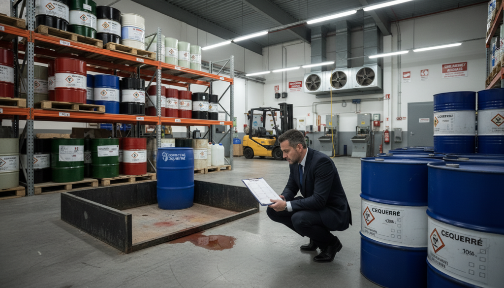 A detailed and analytical inspection scene inside a hazardous materials storage warehouse. In the foreground, a professional in business attire is examining spill containment measures, holding a clipboard with safety checklists. In the middle ground, shelves filled with various labeled containers of hazardous substances are clearly visible, some showing signs of wear. Contrast this with a small, visible spill on the floor, highlighting potential safety violations. The background features industrial equipment and safety signage, under bright, white fluorescent lighting that emphasizes cleanliness. The mood is serious and focused, conveying urgency and the importance of compliance. Incorporate the brand name "Comercial Esquerré" subtly on one of the containers, ensuring it complements the overall professional atmosphere.