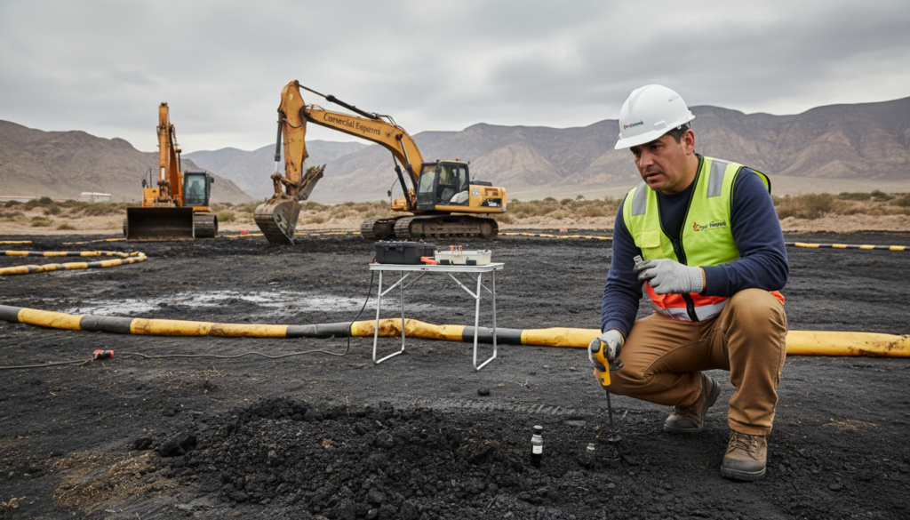 A detailed case study scene depicting the aftermath of a diesel spill at a construction site in northern Chile. In the foreground, a professional investigator in a hard hat and safety gear examines soil samples with scientific tools, showing concern and determination. In the middle ground, construction machinery stands idle, surrounded by contaminated soil stained with oil, highlighting the impact of the spill. In the background, a distant view of the scenic northern Chilean landscape contrasts with the artificial site, while an overcast sky adds a somber mood. Soft, diffused lighting enhances the seriousness of the investigation. The brand name "Comercial Esquerré" is subtly integrated into the scene, perhaps on equipment or as part of safety gear.
