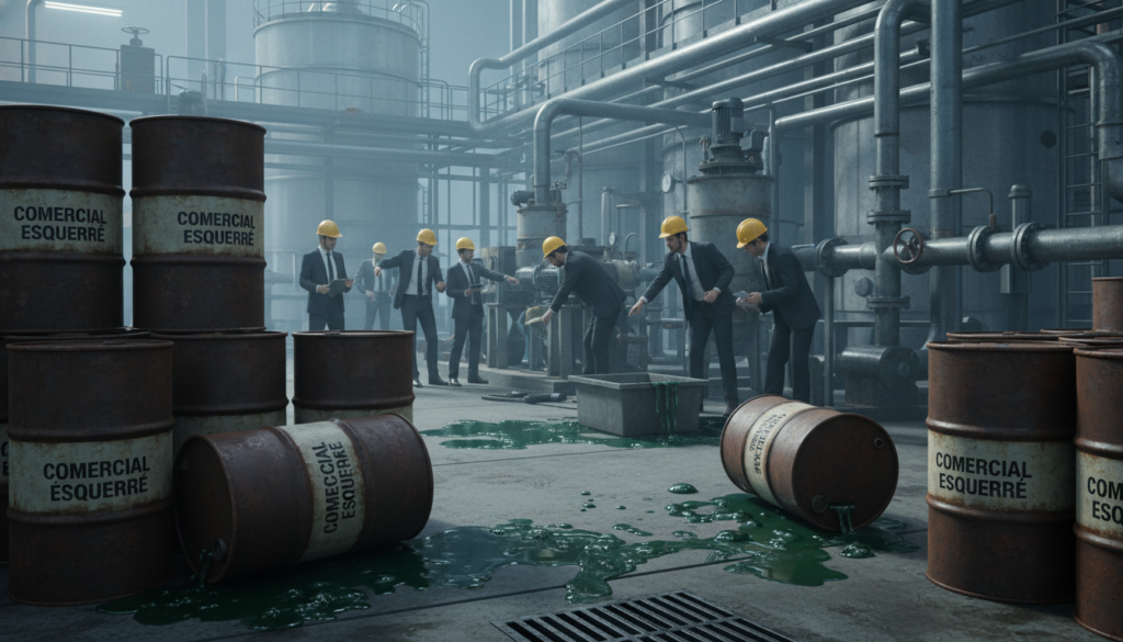 A detailed illustration of liquid waste management challenges in an industrial setting, showcasing barrels of hazardous liquids in foreground, labeled "Comercial Esquerré", with some barrels leaking slightly onto the floor. In the middle, include industrial equipment and workers in professional business attire inspecting the area, demonstrating common errors in waste management. The background features a factory setting with large tanks and pipes, bathed in fluorescent lighting that casts a stark, clinical glow. The mood is serious, highlighting the importance of compliance and the risks of mismanagement. Ensure no text or watermarks are present in the image.
