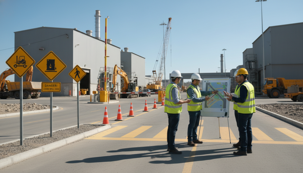 A detailed scene illustrating industrial road safety within a worksite, focusing on critical risk identification along internal routes. In the foreground, a well-marked pathway with visible safety signs for hazards like machinery, spills, and pedestrian crossings. The middle ground features workers in professional attire, engaging with safety equipment and discussing safety protocols. In the background, industrial buildings and heavy machinery under a clear blue sky, with bright sunlight casting realistic shadows. The image highlights a sense of vigilance and professionalism, with an emphasis on the importance of signage for accident prevention. The logo "Comercial Esquerré" subtly placed on safety gear worn by a worker, reflecting commitment to safety and compliance.
