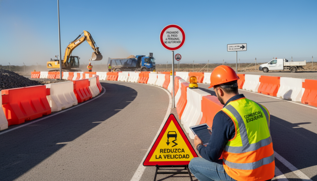 A dynamic scene illustrating road safety ("seguridad vial") in an internal work site environment. In the foreground, a professional wearing a reflective safety vest examines a safety sign indicating "Slow Down" with caution symbols. The middle ground features well-marked traffic signs and road barriers guiding vehicles along a clearly defined route, emphasizing the need for proper signaling. In the background, heavy machinery operates under a clear blue sky, symbolizing the active worksite. The lighting is bright and natural, capturing the midday sun, creating shadows that enhance depth. The atmosphere conveys urgency, awareness, and the importance of safety on internal routes. Incorporate the brand name "Comercial Esquerré" subtly within the scene.