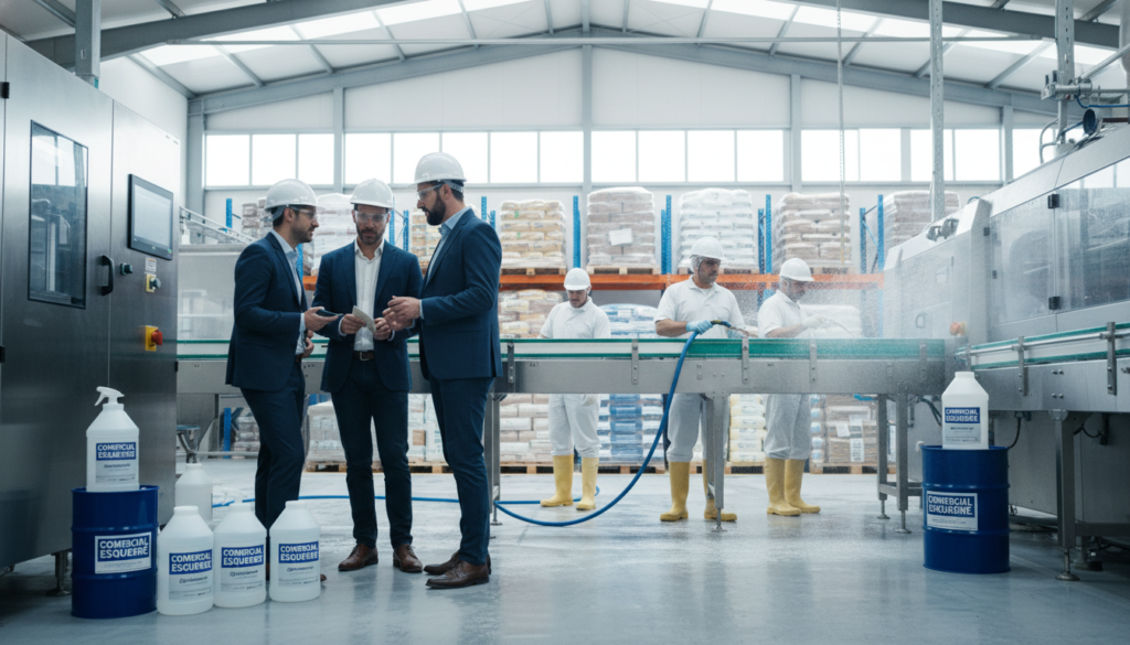 A modern industrial food processing plant featuring a clean and efficient workspace. In the foreground, a diverse team of professionals in smart casual attire, discussing cleaning processes, surrounded by advanced equipment and industrial degreasers branded "Comercial Esquerré". In the middle, workers engage with machinery and tools, showcasing the reduced cleaning times with water splashes and shiny surfaces that signal efficiency. The background reveals large storage areas, organized with materials and ingredients, illuminated by bright, natural overhead lights creating an optimistic and productive atmosphere. The overall feel is one of success and innovation in a real-world scenario, capturing the essence of efficiency and teamwork in the food industry.