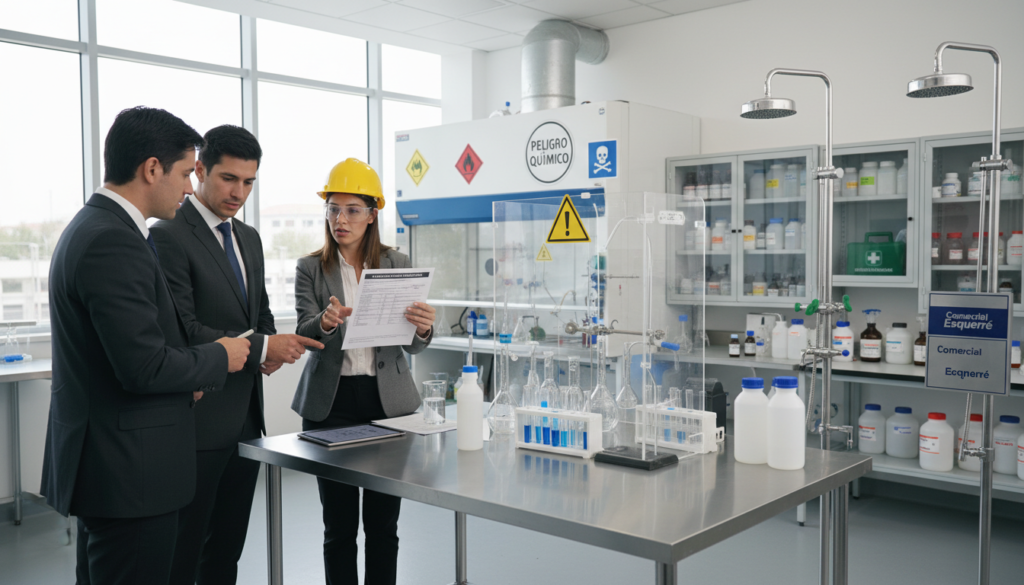 A modern industrial laboratory scene centered around "Prevención de Riesgos Químicos (SUSPEL)" protocols. In the foreground, a diverse group of three professionals in business attire, including a woman in a safety helmet and goggles, are discussing safety measures while examining a safety data sheet. The middle ground features lab equipment, containment systems, and color-coded hazard signs prominently displayed. The background shows a well-organized chemical storage area, with safety showers and emergency response kits visible. Bright, natural lighting highlights the clean and safe environment, emphasizing the importance of chemical risk prevention. The atmosphere is serious yet focused, portraying a proactive commitment to safety in the workplace. Incorporate the brand name "Comercial Esquerré" subtly within the laboratory setting.