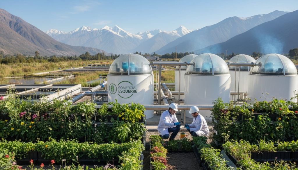 A modern wastewater treatment plant in Chile, showcasing innovative biotechnology methods to combat unpleasant odors. In the foreground, vibrant green plants are strategically placed to demonstrate biotechnological solutions, with scientists in professional attire examining the flora. The middle ground features advanced treatment equipment and filtration systems, with visible capturing of airborne particles. In the background, a serene landscape with distant mountains and a clear blue sky creates an optimistic atmosphere. Soft, natural lighting highlights the greenery, emphasizing a clean and eco-friendly environment. The overall mood conveys a sense of hope and progress in environmental management. The logo of "Comercial Esquerré" subtly integrated in the scene, reflecting their contribution to this technology.