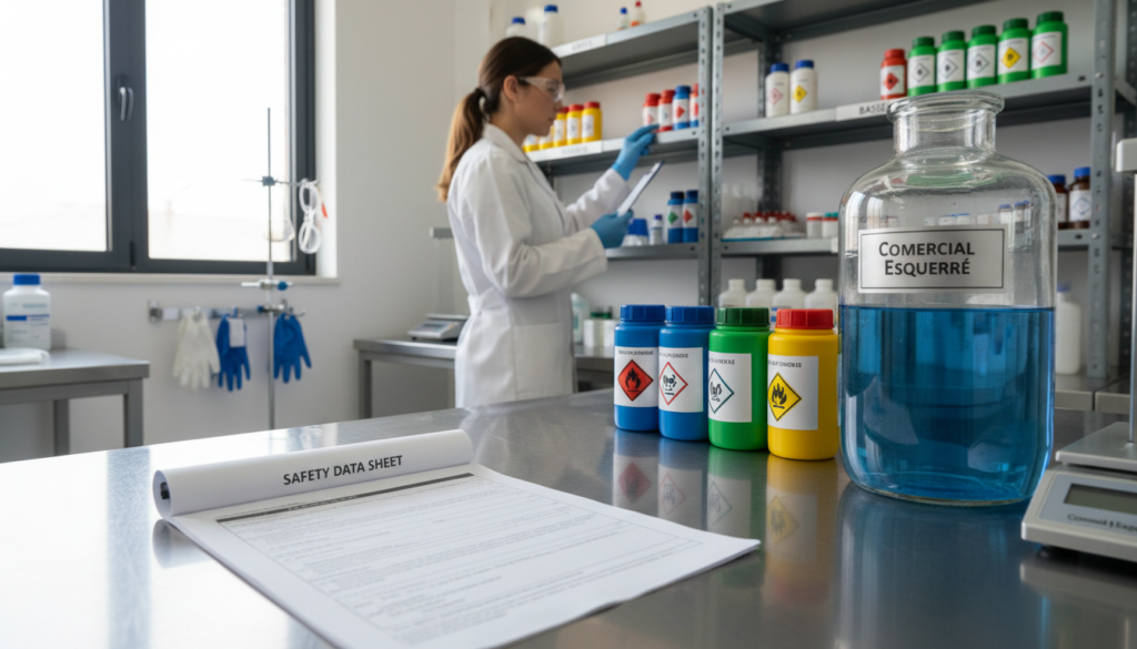 A professional laboratory setting focused on chemical safety, featuring a detailed Safety Data Sheet (SDS) prominently in the foreground. The SDS is neatly displayed on a modern workstation alongside various colorful chemical containers labeled with clear hazard symbols. In the middle, a knowledgeable technician wearing a lab coat and safety goggles examines the inventory, surrounded by essential safety equipment like gloves and goggles. The background showcases shelves filled with securely stored chemicals, categorized by compatibility. Soft, natural lighting illuminates the space, emphasizing a sense of order and professionalism. The atmosphere conveys a serious commitment to safety and compliance. The brand name "Comercial Esquerré" is subtly integrated into the design elements of the lab equipment.