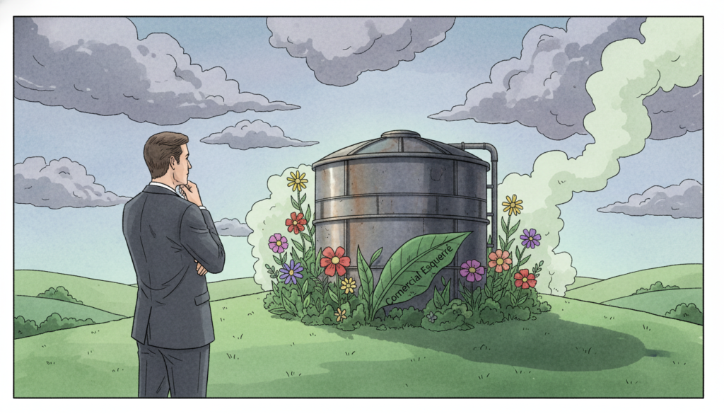 A serene yet impactful illustration focusing on the concept of health and well-being amidst industrial challenges. In the foreground, a thoughtful professional in business attire stands with arms crossed, contemplating a green landscape marred by faintly visible effluents. The middle ground features a stylized depiction of an industrial septic tank, surrounded by vibrant flora that reflects resilience amidst contamination. The background showcases a cloudy sky, hinting at the hidden dangers of H2S gas, with muted tones to convey concern. Soft, diffused lighting adds a somber yet hopeful mood, symbolizing the pursuit of solutions. "Comercial Esquerré" subtly integrated into the scene through a natural element, like a leaf or flower, emphasizing eco-friendly practices.