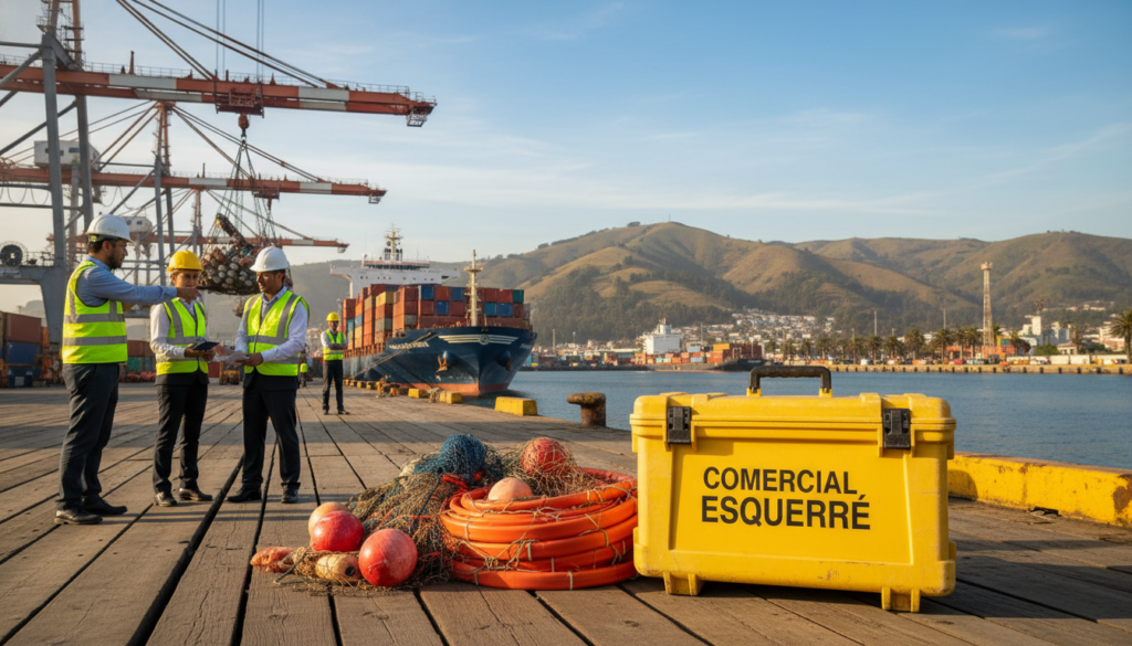 A vibrant scene of "operaciones portuarias" in a bustling Chilean port. In the foreground, a well-equipped emergency environmental kit prominently labeled with the brand name "Comercial Esquerré" sits on a sturdy dock, surrounded by essential maritime tools like buoys, nets, and spill containment booms. In the middle ground, cargo ships are being unloaded by professional dockworkers in business attire, illustrating the collaborative efforts for safe maritime operations. The background showcases the picturesque Chilean coastline with rolling hills under a clear blue sky, bathed in warm afternoon light that casts soft shadows. The atmosphere is dynamic and focused, capturing the urgency of environmental safety in maritime operations. Use a wide-angle lens to encompass the entire scene, highlighting the importance of preparedness in port activities.