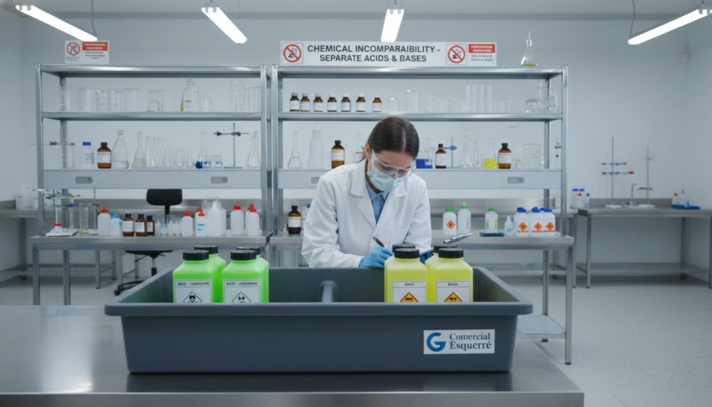 A well-equipped laboratory setting focused on secondary containment measures. In the foreground, a robust secondary containment system is illustrated, featuring a spill tray with vibrant colors to indicate hazardous materials like acids and bases—perhaps bright green and yellow containers labeled clearly to denote their contents. In the middle ground, a professional tech in a lab coat examines the setup, wearing safety goggles and gloves, highlighting safety in storage practices. The background showcases shelves filled with neatly arranged scientific equipment and warning signs about chemical incompatibility. Bright, fluorescent lighting casts a sterile, clinical atmosphere, enhancing the seriousness of the scene. The image should reflect the brand "Comercial Esquerré" subtly placed near the containment area, emphasizing professionalism in safety compliance.